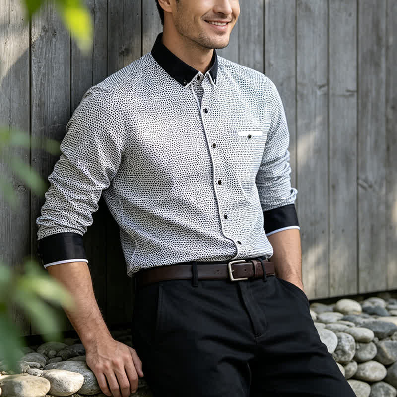 Men's Black & White Micro Cross Pattern Dress Shirt - Black & White - 5XL - image 0