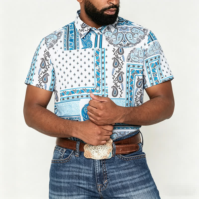 Men's Vintage Blue & White Patchwork Paisley Print Shirt - image 1