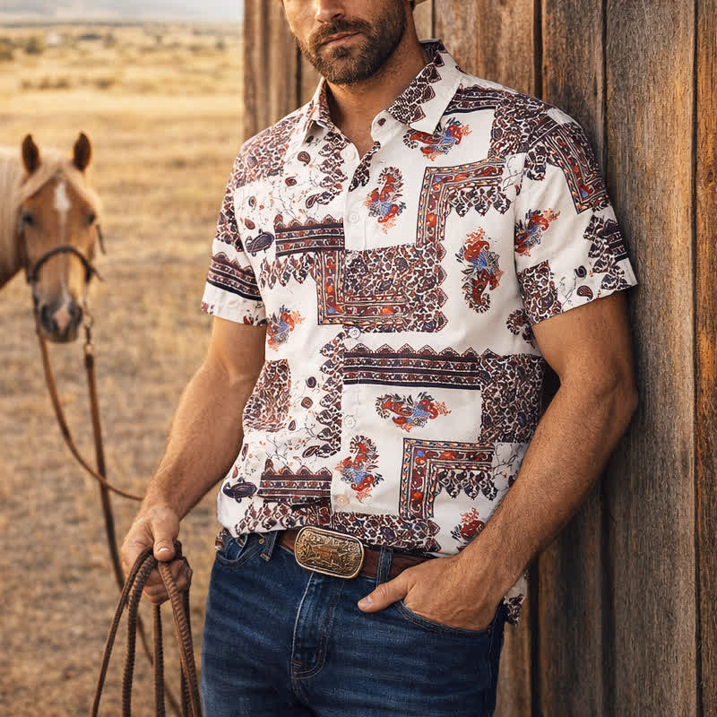 Men's Deep Brown & White Tribal Border Paisley Print Shirt - Deep Brown & White - 5XL - image 0
