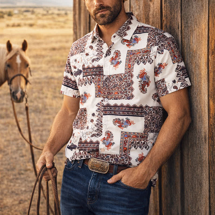 Men's Deep Brown & White Tribal Border Paisley Print Shirt - Deep Brown & White - 5XL - image 0