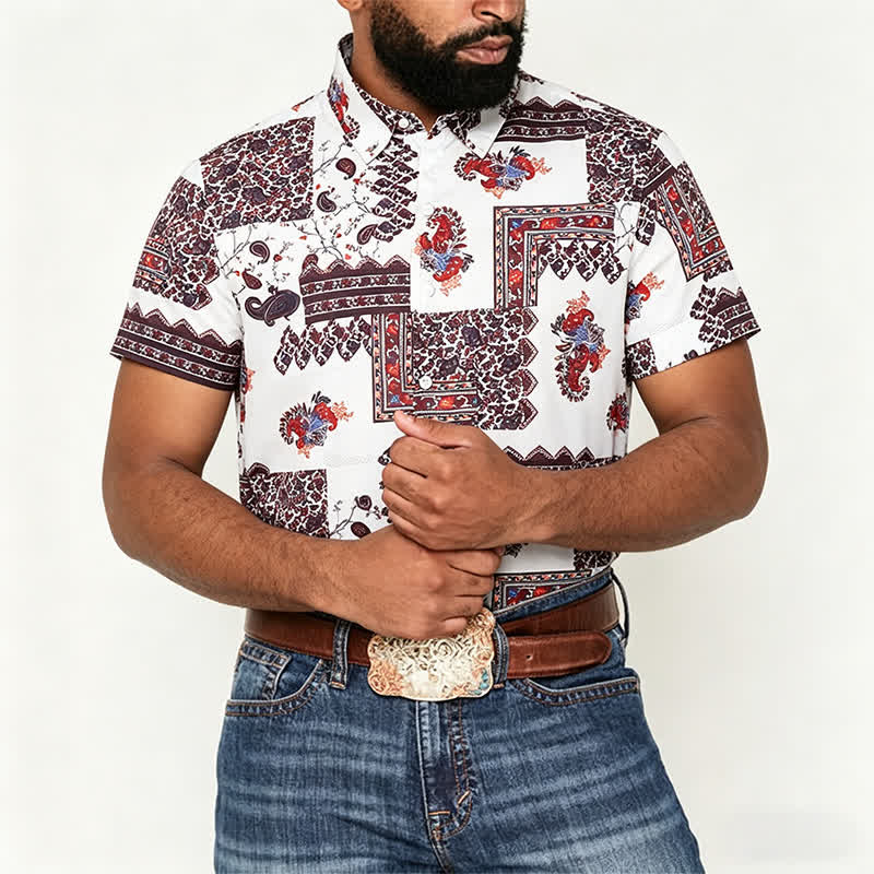 Men's Deep Brown & White Tribal Border Paisley Print Shirt - image 1