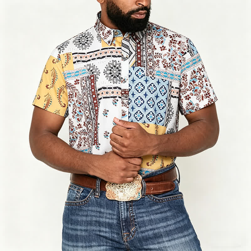 Men's Retro Aztec & Floral Patchwork Paisley Print Shirt - image 1