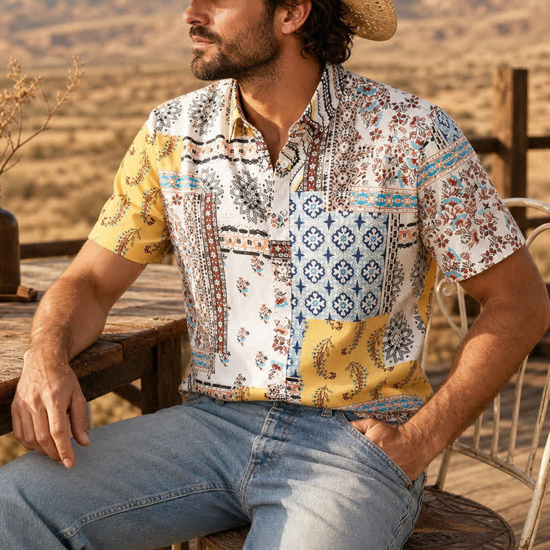 Men's Retro Aztec & Floral Patchwork Paisley Print Shirt - Yellow & White - 2XL - image 0