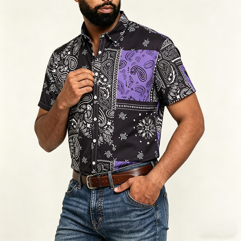 Men's Streetwear Black & Purple Paisley Print Shirt - image 3