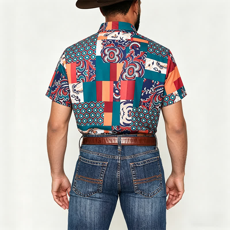 Men's Green & Orange Boho Patchwork Paisley Print Shirt - image 2