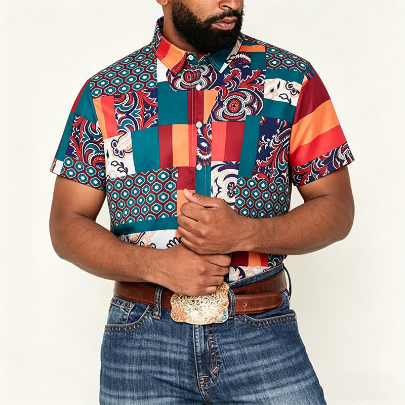 Men's Green & Orange Boho Patchwork Paisley Print Shirt - image 1