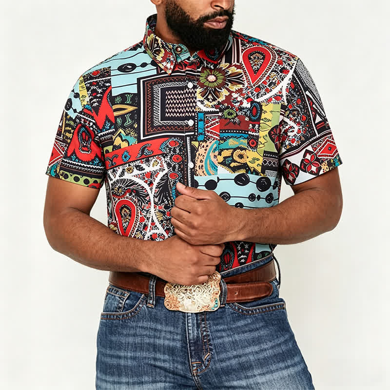 Men's Retro Ethnic Multicolor Geometric Paisley Block Print Shirt - image 1