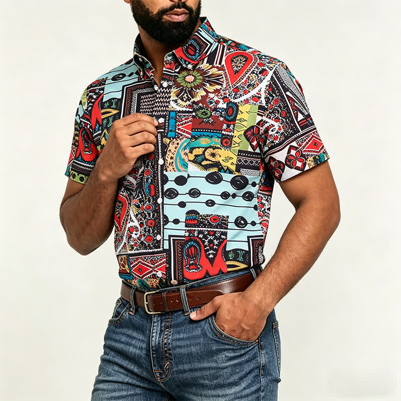 Men's Retro Ethnic Multicolor Geometric Paisley Block Print Shirt - image 3