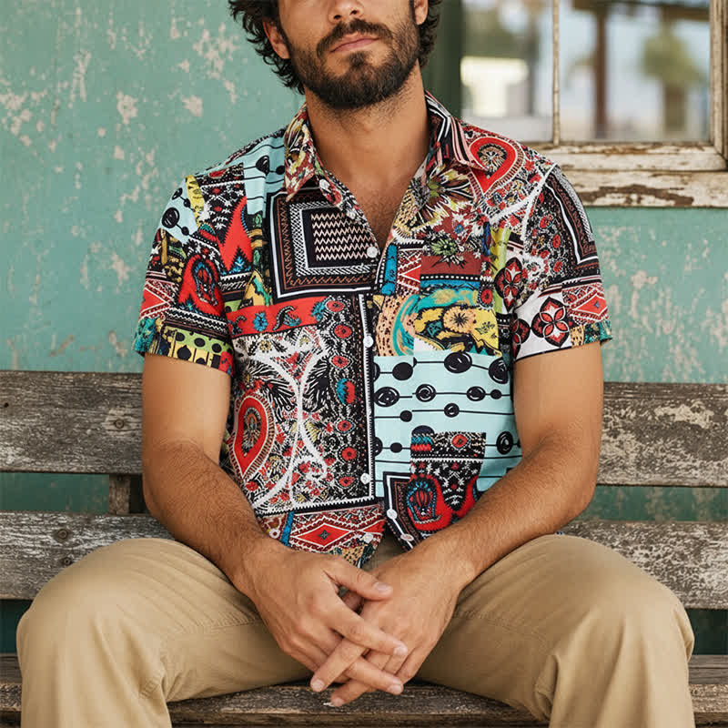 Men's Retro Ethnic Multicolor Geometric Paisley Block Print Shirt - Multicolor - 4XL - image 0
