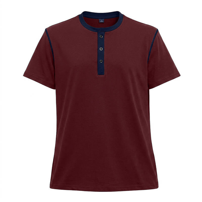 Men's Round Neck Contrast Stitch Short Sleeve Polo Shirt - Wine - 3XL - image 15