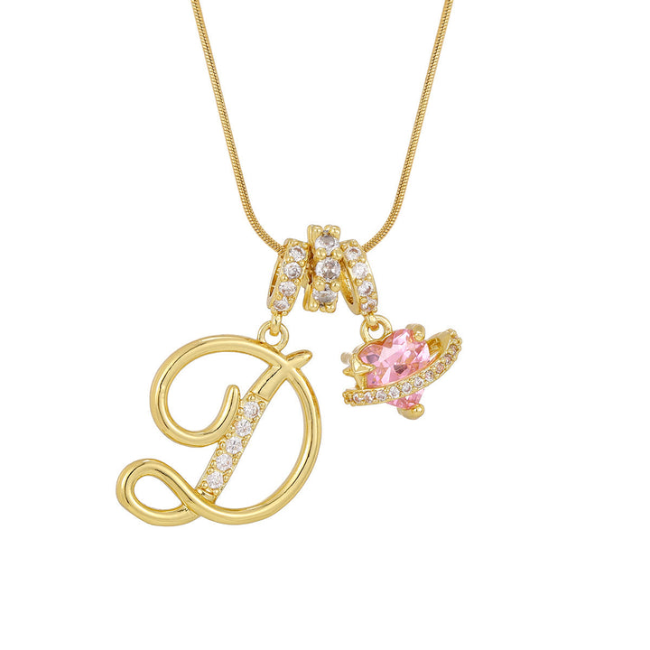 Trendy Dopamine Style Letter Pink Heart Charm Necklace - D - Golden - image 6