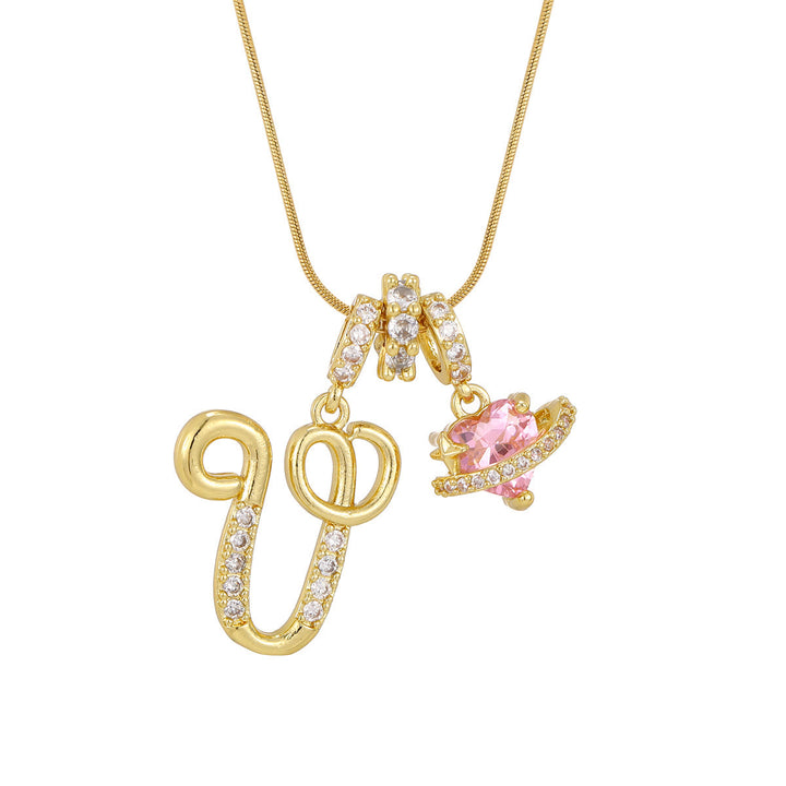 Trendy Dopamine Style Letter Pink Heart Charm Necklace - V - Golden - image 23