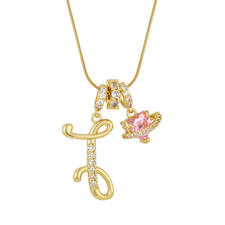 Trendy Dopamine Style Letter Pink Heart Charm Necklace - I - Golden - image 11