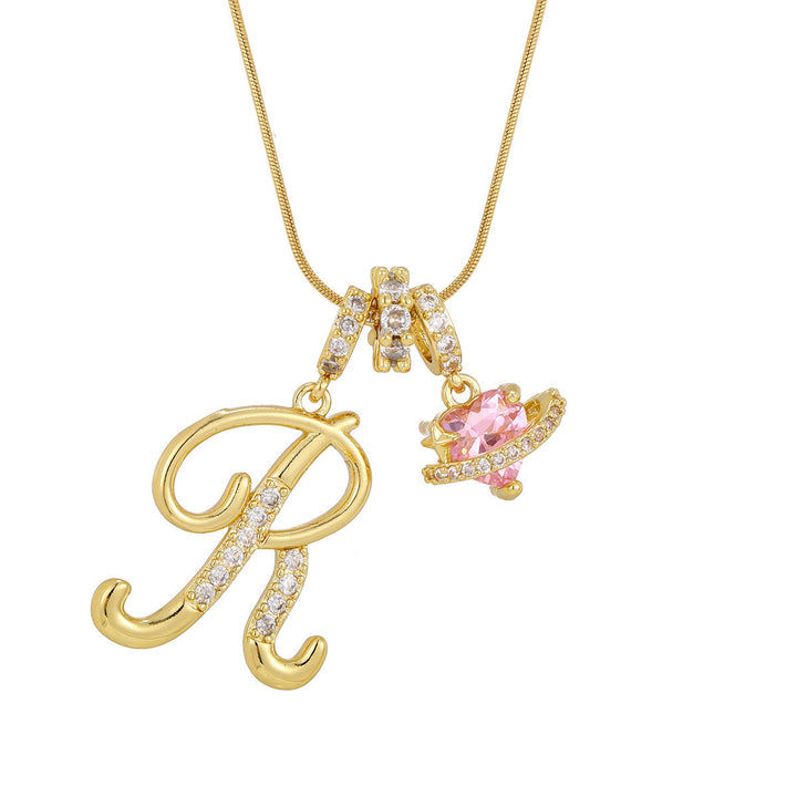 Trendy Dopamine Style Letter Pink Heart Charm Necklace - R - Golden - image 19