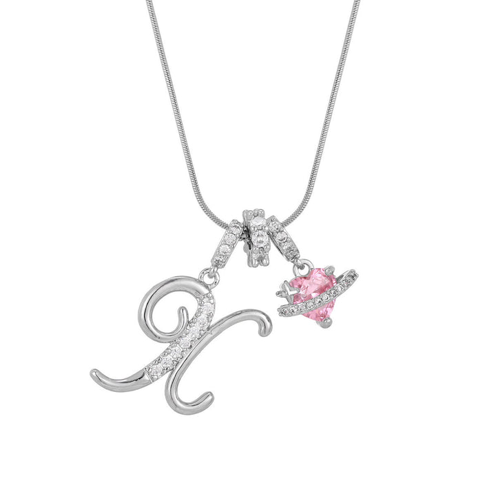 Trendy Dopamine Style Letter Pink Heart Charm Necklace - X - Silver - image 51