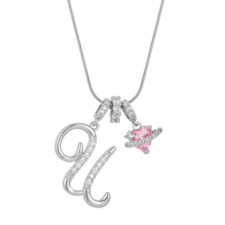 Trendy Dopamine Style Letter Pink Heart Charm Necklace - U - Silver - image 48