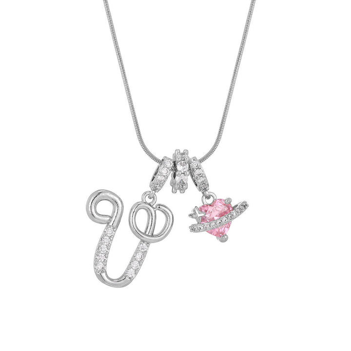 Trendy Dopamine Style Letter Pink Heart Charm Necklace - V - Silver - image 49