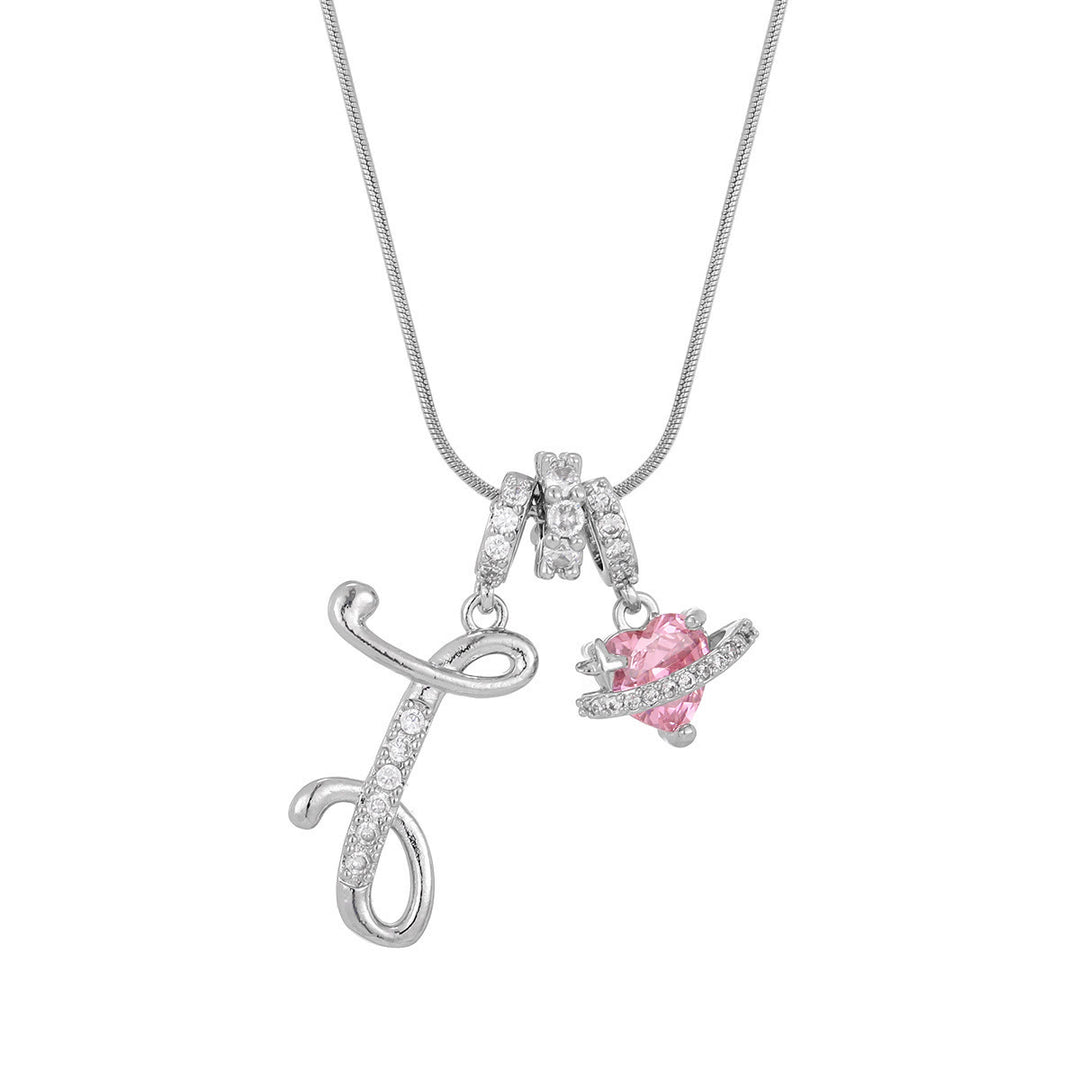 Trendy Dopamine Style Letter Pink Heart Charm Necklace - I - Silver - image 37