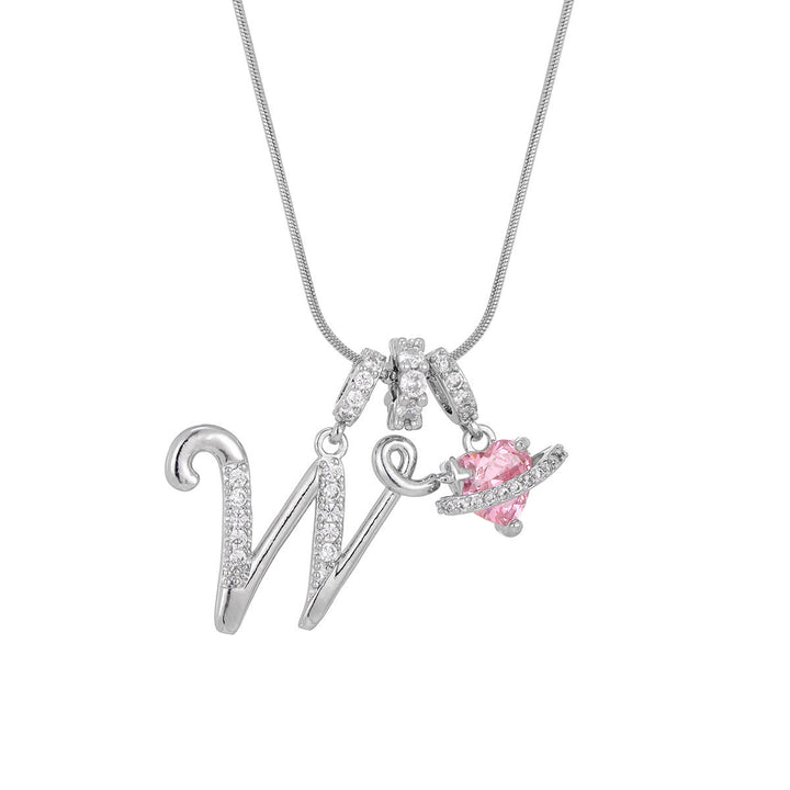 Trendy Dopamine Style Letter Pink Heart Charm Necklace - W - Silver - image 50