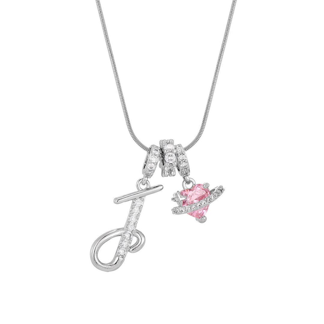 Trendy Dopamine Style Letter Pink Heart Charm Necklace - J - Silver - image 38