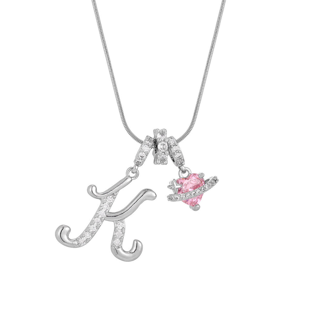 Trendy Dopamine Style Letter Pink Heart Charm Necklace - K - Silver - image 28