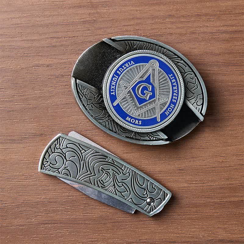Blue Enamel Freemasonry Symbol DIY Hidden Folding Knife Buckle Leather Belt - image 10