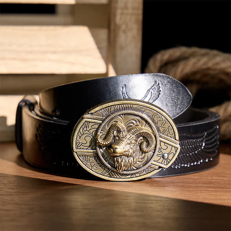 Antique Bronze Ram Skull Head DIY Hidden Folding Knife Buckle Leather Belt - Ram Skull Head - Black Embossed Eagle Belt - 42 - image 2