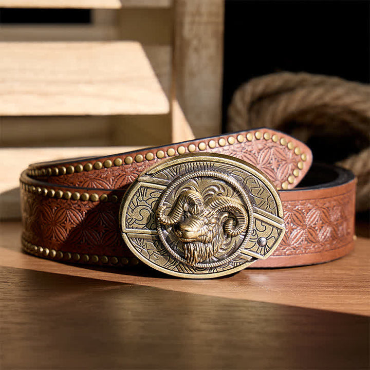 Antique Bronze Ram Skull Head DIY Hidden Folding Knife Buckle Leather Belt - Ram Skull Head - Brown Rivet Belt - 42 - image 4