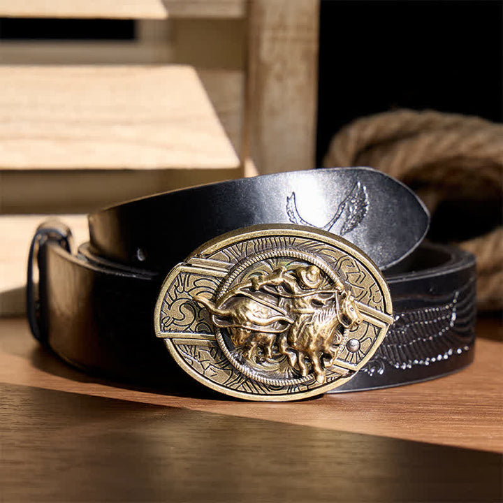 Cowboy Roping Steer DIY Hidden Folding Knife Bronze Buckle Leather Belt - Cowboy Roping Steer - Black Embossed Eagle Belt - 42 - image 2