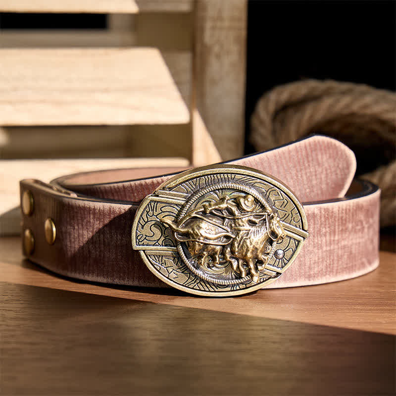 Cowboy Roping Steer DIY Hidden Folding Knife Bronze Buckle Leather Belt - Cowboy Roping Steer - Brown Distressed Belt - 42 - image 5