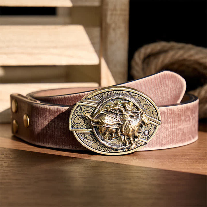 Cowboy Roping Steer DIY Hidden Folding Knife Bronze Buckle Leather Belt - Cowboy Roping Steer - Brown Distressed Belt - 42 - image 5