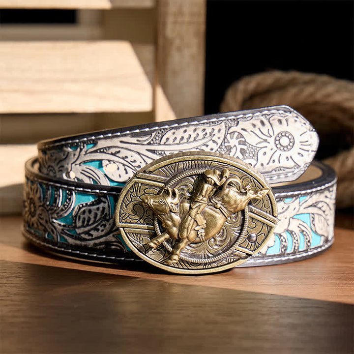 Antique Bronze Bull Rider DIY Hidden Folding Knife Buckle Leather Belt - Bull Rider - Gray Floral Belt - 42 - image 8