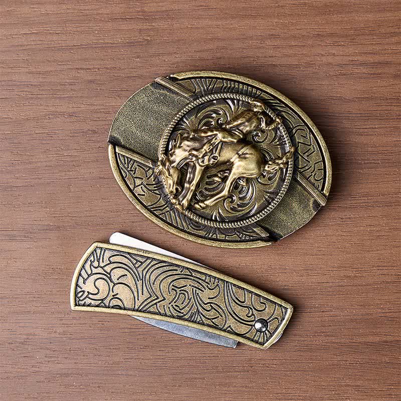 Western Rodeo Bronco Rider DIY Hidden Folding Knife Bronze Buckle Leather Belt - image 10