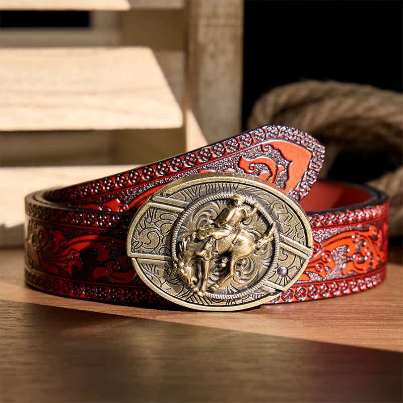Western Rodeo Bronco Rider DIY Hidden Folding Knife Bronze Buckle Leather Belt - Rodeo Bronco Rider - Brown Carved Belt - 42 - image 6