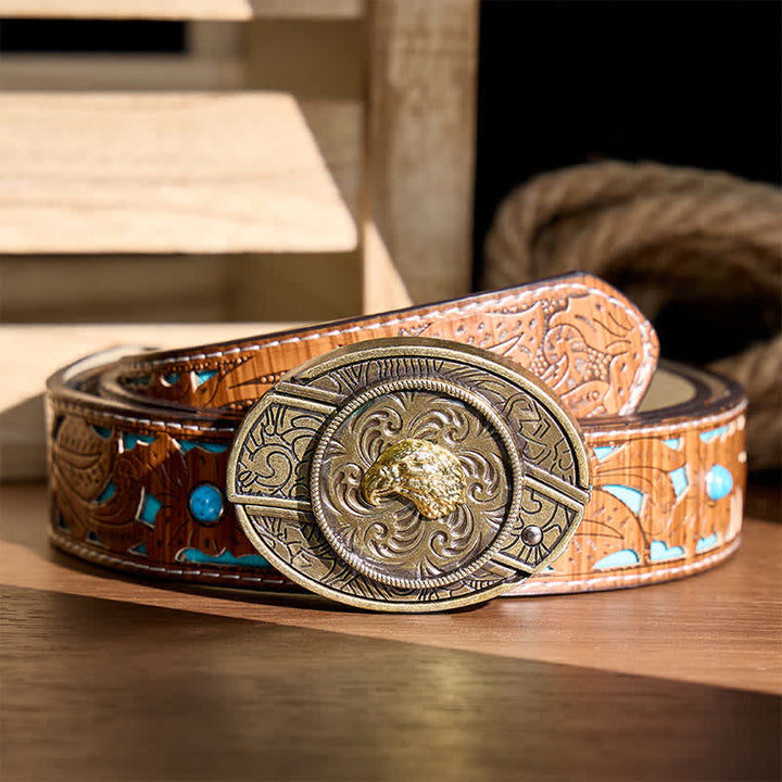 Gold Eagle Head DIY Hidden Folding Knife Antique Bronze Buckle Leather Belt - Eagle Head - Turquoise Carved Belt - 42 - image 3
