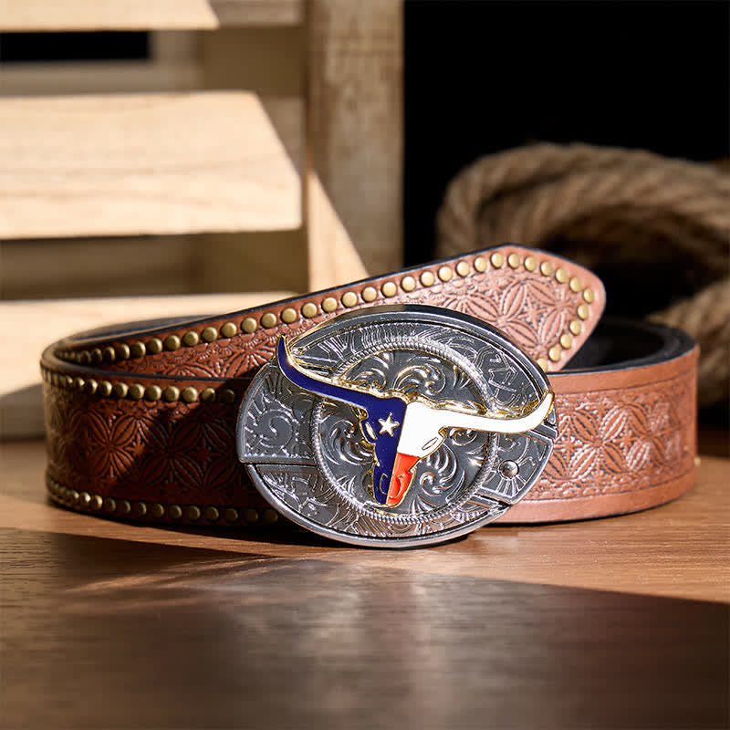 Texas State Flag Longhorn DIY Hidden Folding Knife Buckle Leather Belt - Longhorn & Flag - Brown Rivet Belt - 42 - image 4