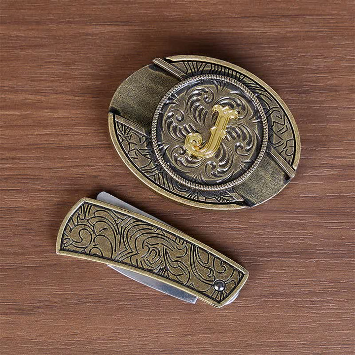 Antique Bronze Initial Letter DIY Hidden Knife Buckle Leather Belt - image 6