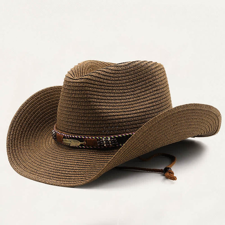 Rustic Tribal Metal Feather Beaded Band Straw Cowboy Hat - Coffee - M (22"-22 7/8") - image 3