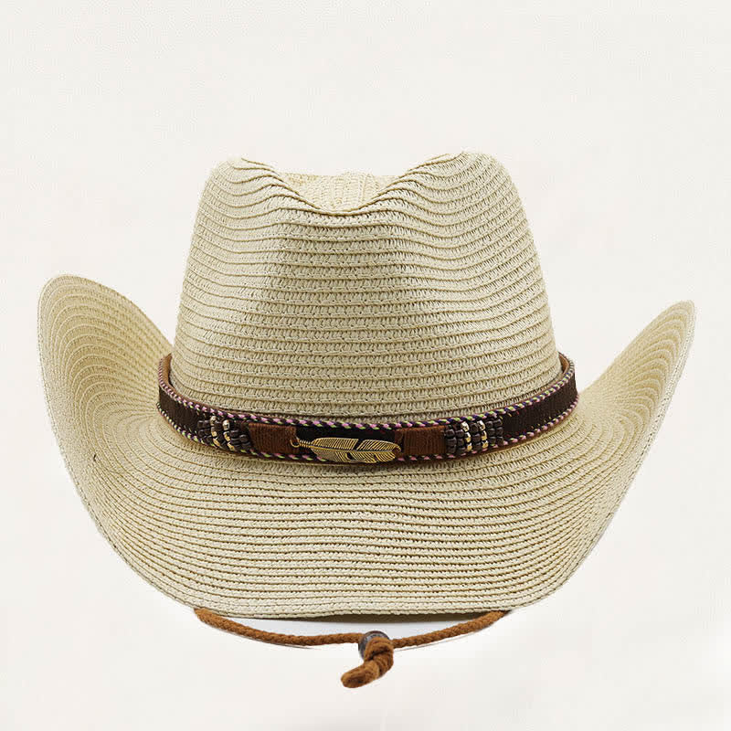 Rustic Tribal Metal Feather Beaded Band Straw Cowboy Hat - image 1