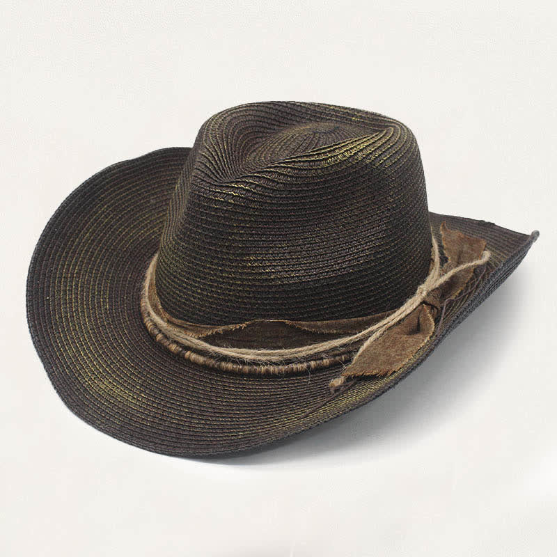 Faded Style Rustic Band Detail Distressed Straw Cowboy Hat - Black - M (22"-22 7/8") - image 4