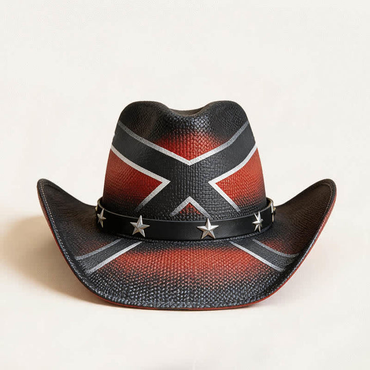 Western Cross Pattern Star-Embellished Band Straw Cowboy Hat - image 4