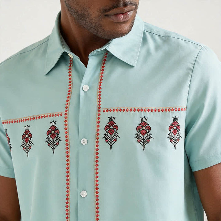 Men's Sage Green Ethnic Pattern Short Sleeve Western Shirt - image 3