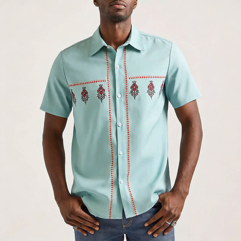 Men's Sage Green Ethnic Pattern Short Sleeve Western Shirt - image 1