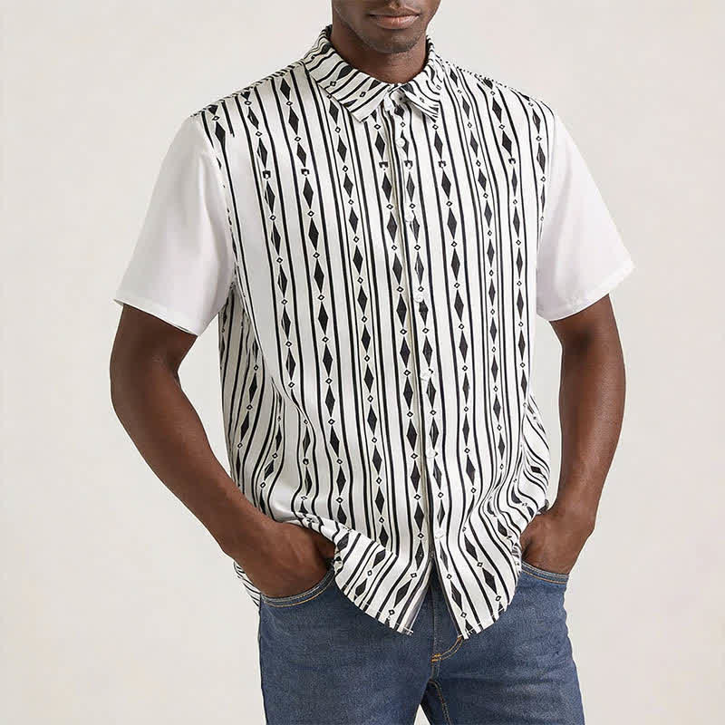 Men's White Geometric Vertical Stripe Print Western Shirt - image 1