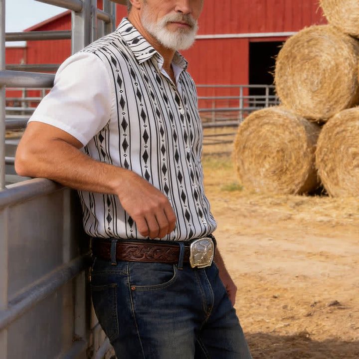 Men's White Geometric Vertical Stripe Print Western Shirt - White - 5XL - image 0