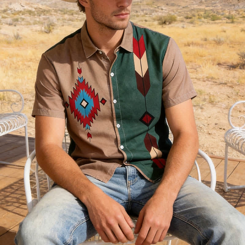 Men's Aztec Tribal Print Split Color Western Shirt - Dark Khaki - 6XL - image 0