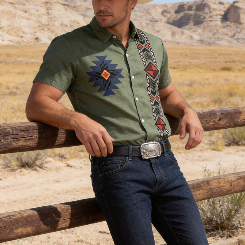 Men's Vintage Navajo-Inspired Print Split Color Western Shirt - Muted Sage Green - 6XL - image 0