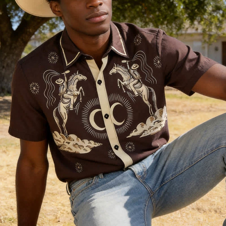 Men's Vintage Night Sky Cowboy Moon Print Shirt - Dark Brown - 6XL - image 0
