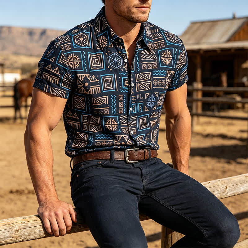 Men's Geometric African Tribal Aztec Pattern Western Shirt - Dark Blue - 3XL - image 0