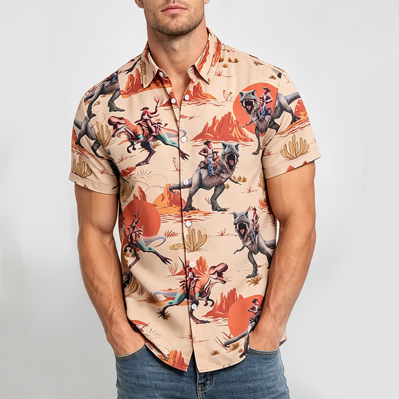 Men's Novelty Wild West Dinosaur Rider Print Shirt - image 1